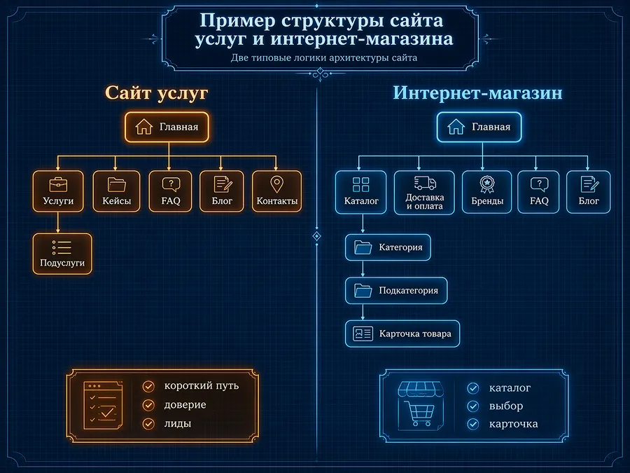Примеры структуры сайта для разных типов проектов